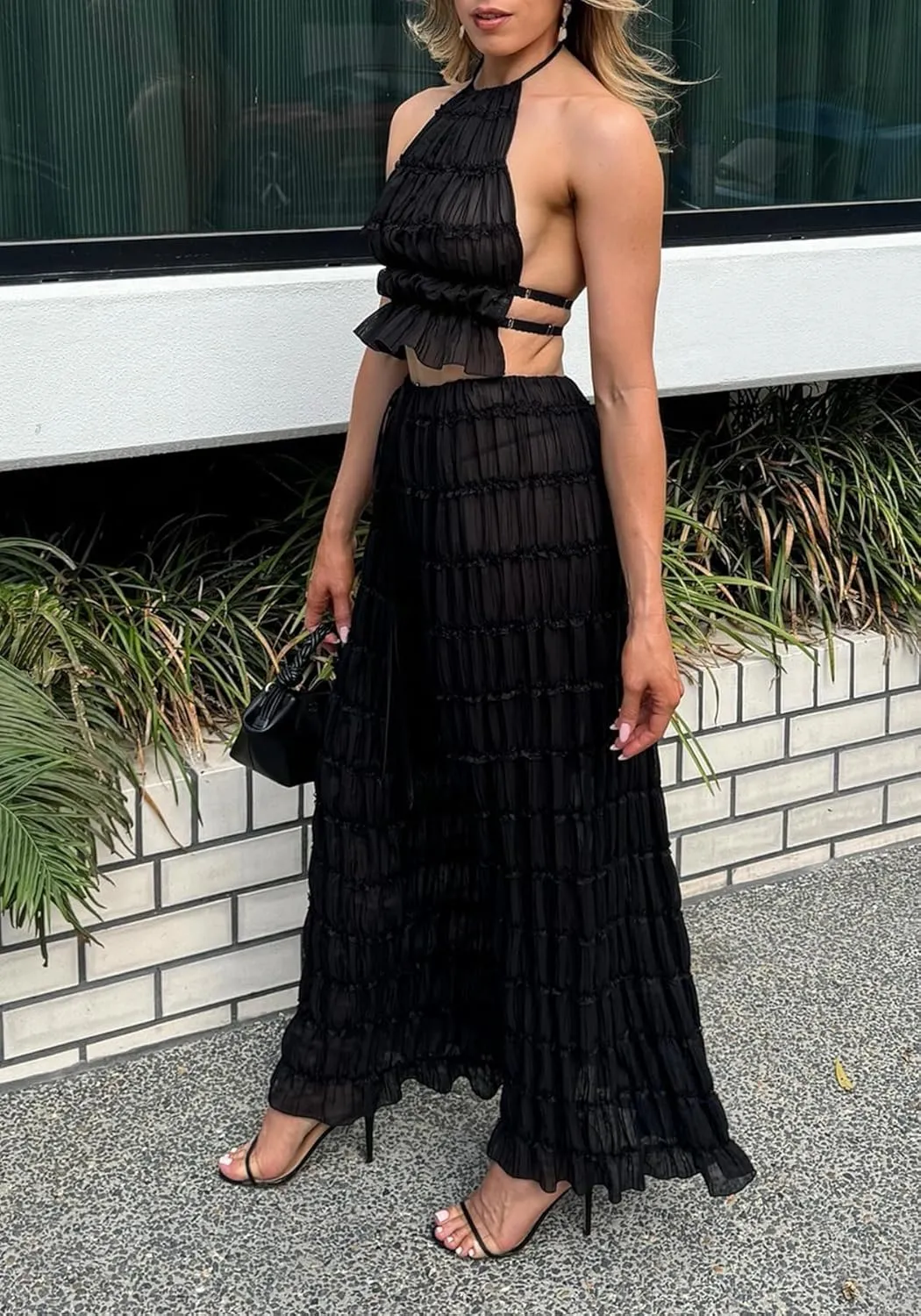 LETSVDO Skirt Sets Women 2 Piece Outfits Backless Halter Top And Pleated Ruffle Flowy Maxi Skirts Y2k Beach Vacation Set