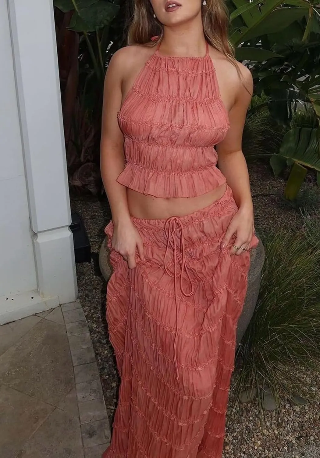 LETSVDO Skirt Sets Women 2 Piece Outfits Backless Halter Top And Pleated Ruffle Flowy Maxi Skirts Y2k Beach Vacation Set