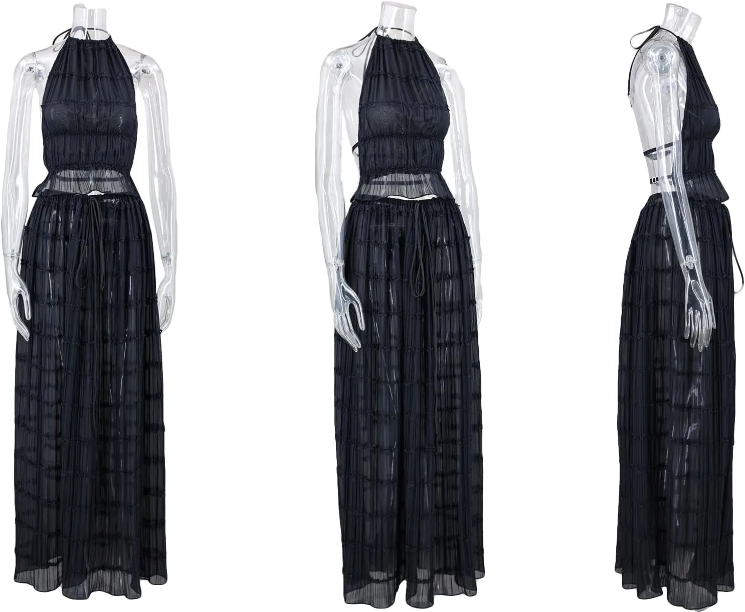 LETSVDO Skirt Sets Women 2 Piece Outfits Backless Halter Top And Pleated Ruffle Flowy Maxi Skirts Y2k Beach Vacation Set