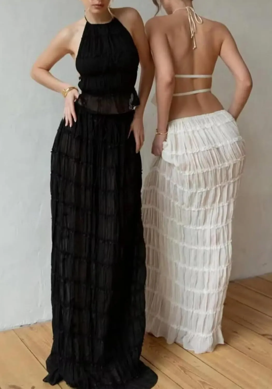 LETSVDO Skirt Sets Women 2 Piece Outfits Backless Halter Top And Pleated Ruffle Flowy Maxi Skirts Y2k Beach Vacation Set