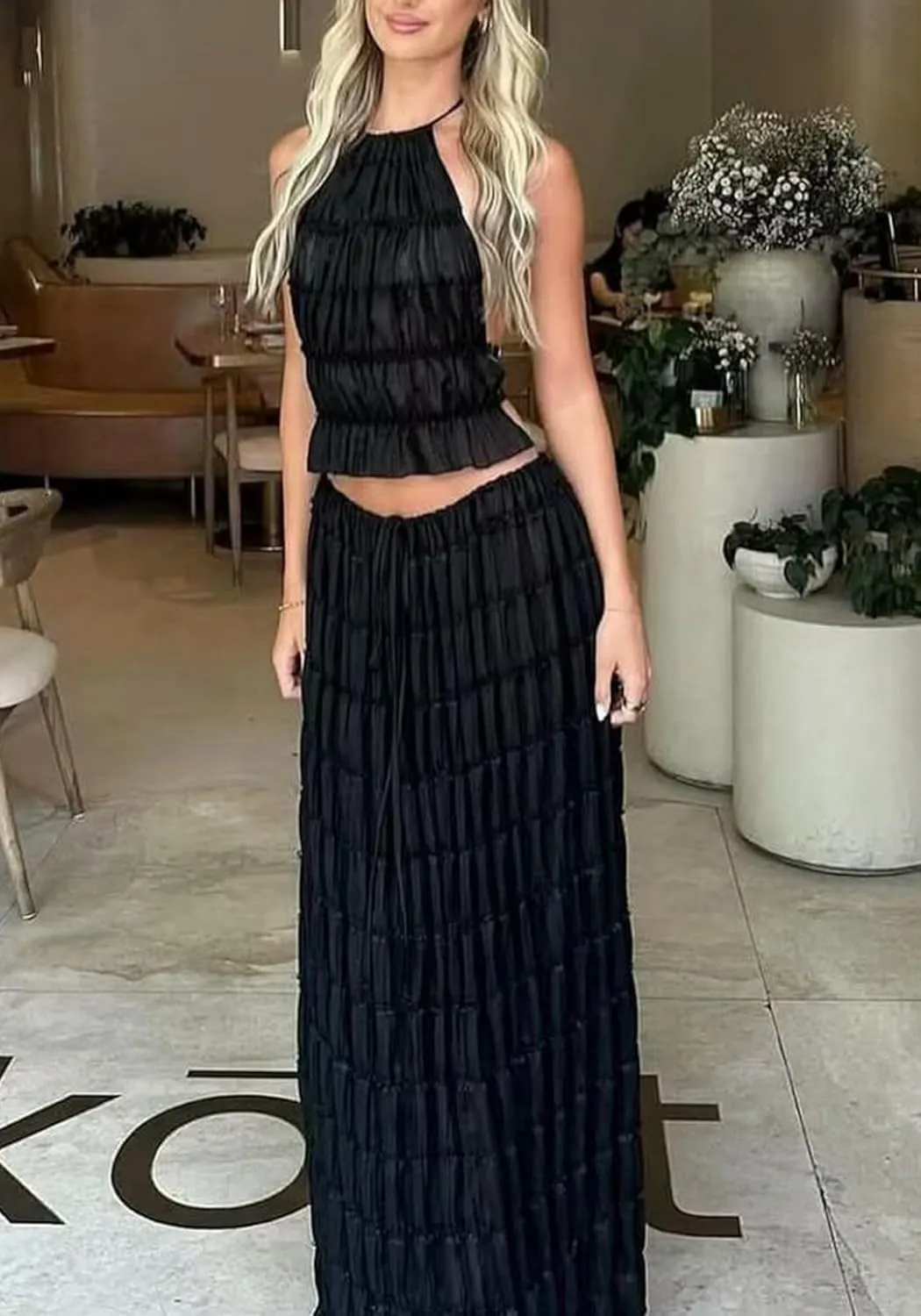 LETSVDO Skirt Sets Women 2 Piece Outfits Backless Halter Top And Pleated Ruffle Flowy Maxi Skirts Y2k Beach Vacation Set