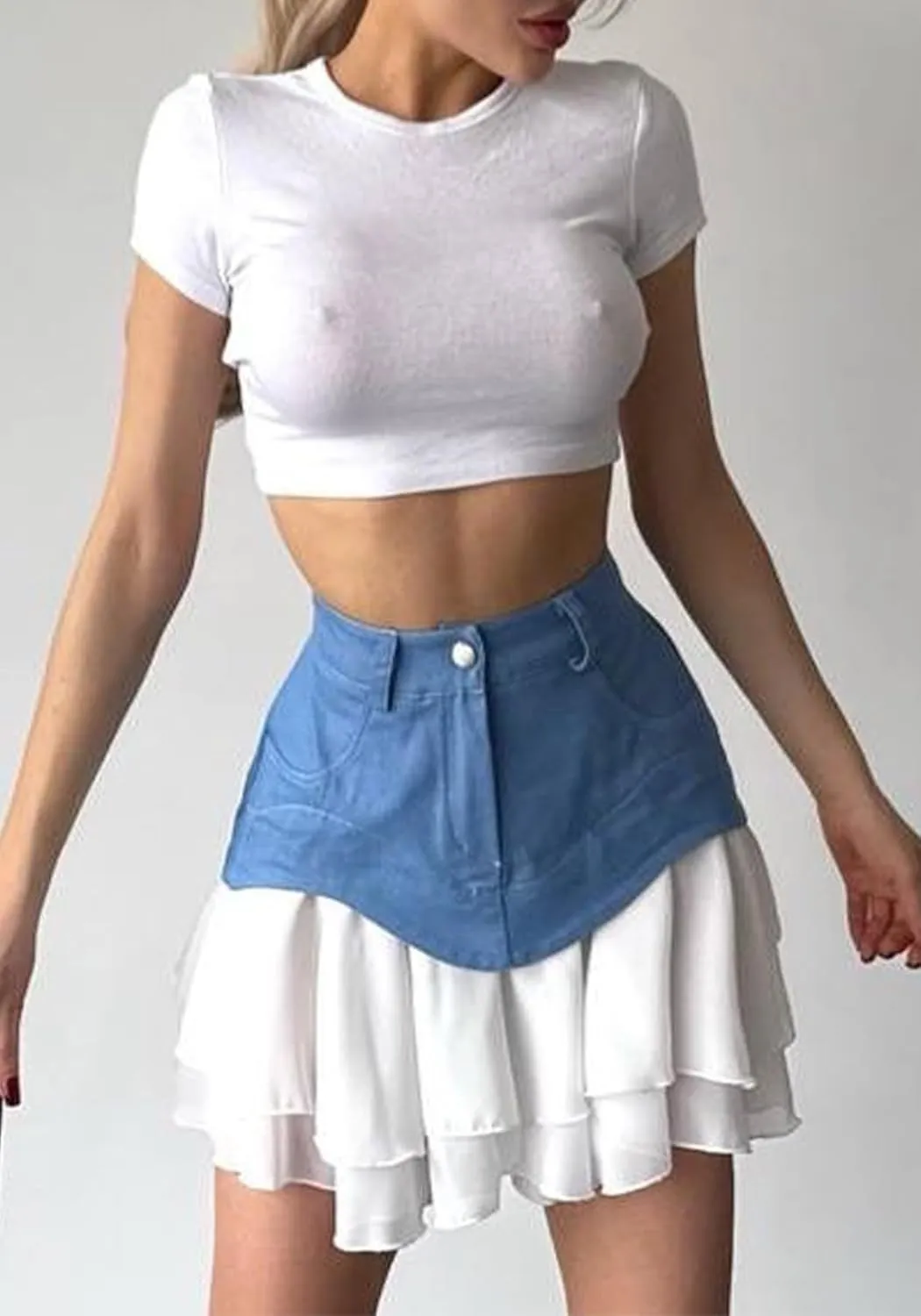 LETSVDO Women's Patchwork Denim Mini Skirt High Waisted Y2k Pleated Ruffle Layered A Line Jean Short Skirts