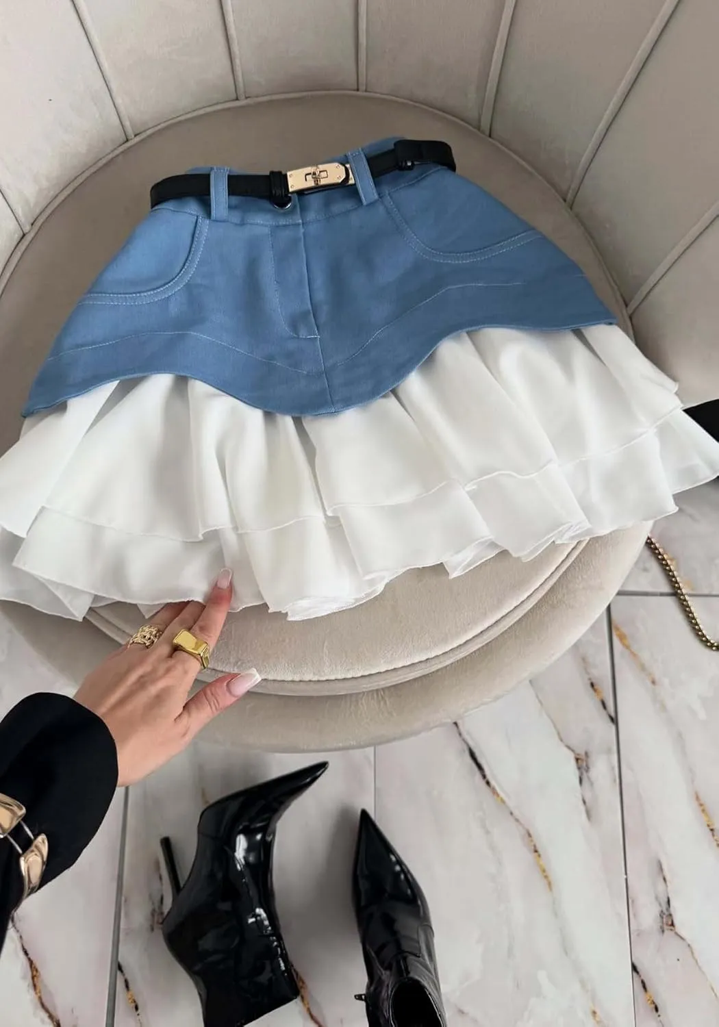 LETSVDO Women's Patchwork Denim Mini Skirt High Waisted Y2k Pleated Ruffle Layered A Line Jean Short Skirts