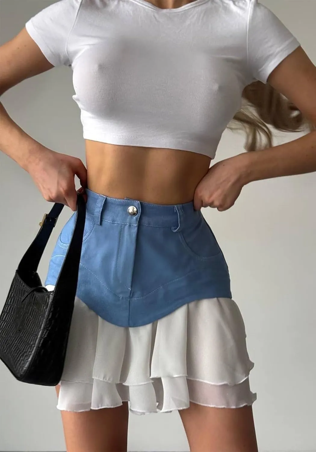 LETSVDO Women's Patchwork Denim Mini Skirt High Waisted Y2k Pleated Ruffle Layered A Line Jean Short Skirts