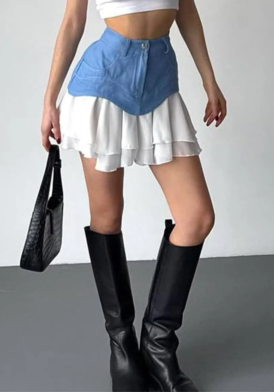 LETSVDO Women's Patchwork Denim Mini Skirt High Waisted Y2k Pleated Ruffle Layered A Line Jean Short Skirts