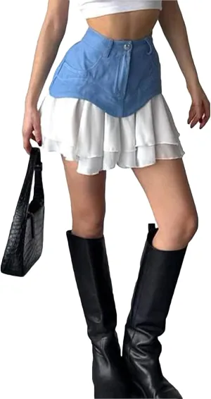 LETSVDO Women's Patchwork Denim Mini Skirt High Waisted Y2k Pleated Ruffle Layered A Line Jean Short Skirts