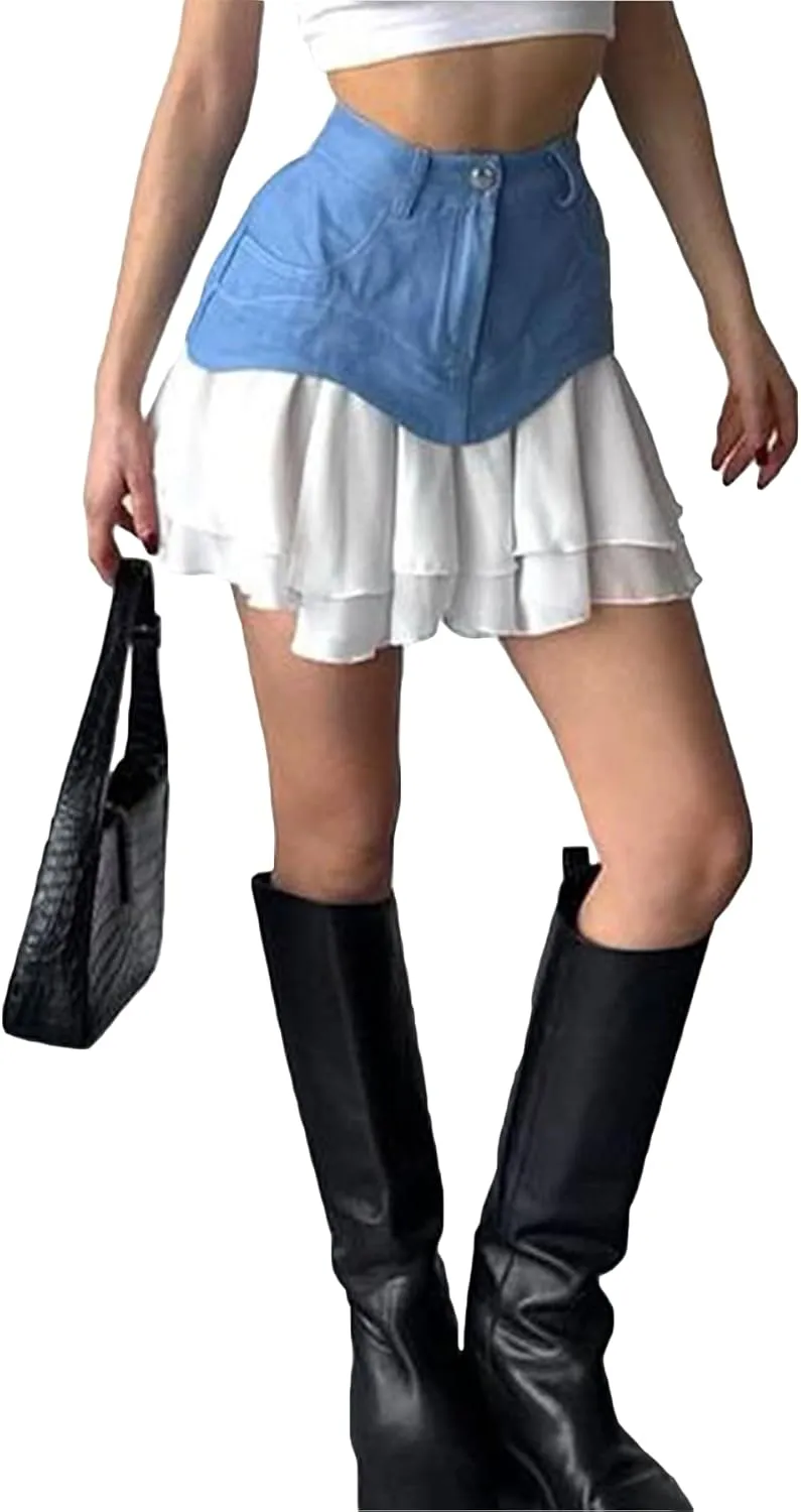LETSVDO Women's Patchwork Denim Mini Skirt High Waisted Y2k Pleated Ruffle Layered A Line Jean Short Skirts