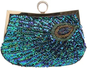 LIFEWISH Women's Unique Luxury Sequins Beaded Evening Bag Wedding Bridal Party Prom Clutch Purse tote HandbagPeacock blue