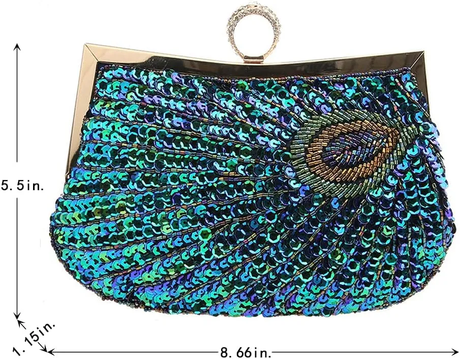 LIFEWISH Women's Unique Luxury Sequins Beaded Evening Bag Wedding Bridal Party Prom Clutch Purse tote HandbagPeacock blue