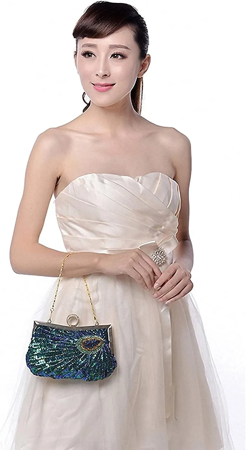 LIFEWISH Women's Unique Luxury Sequins Beaded Evening Bag Wedding Bridal Party Prom Clutch Purse tote HandbagPeacock blue