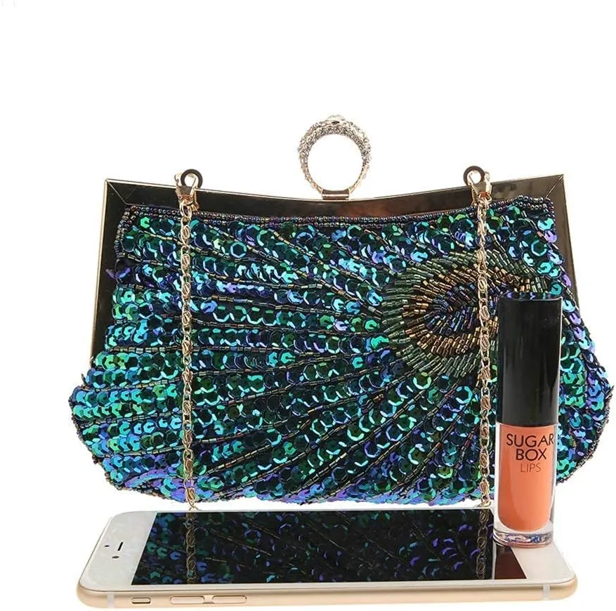 LIFEWISH Women's Unique Luxury Sequins Beaded Evening Bag Wedding Bridal Party Prom Clutch Purse tote HandbagPeacock blue