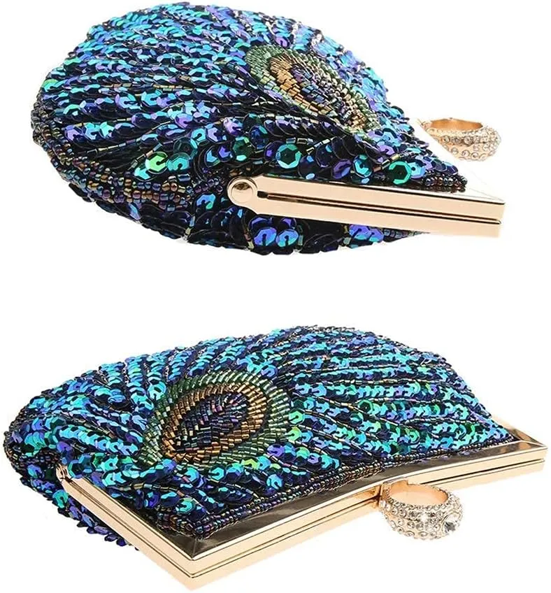 LIFEWISH Women's Unique Luxury Sequins Beaded Evening Bag Wedding Bridal Party Prom Clutch Purse tote HandbagPeacock blue