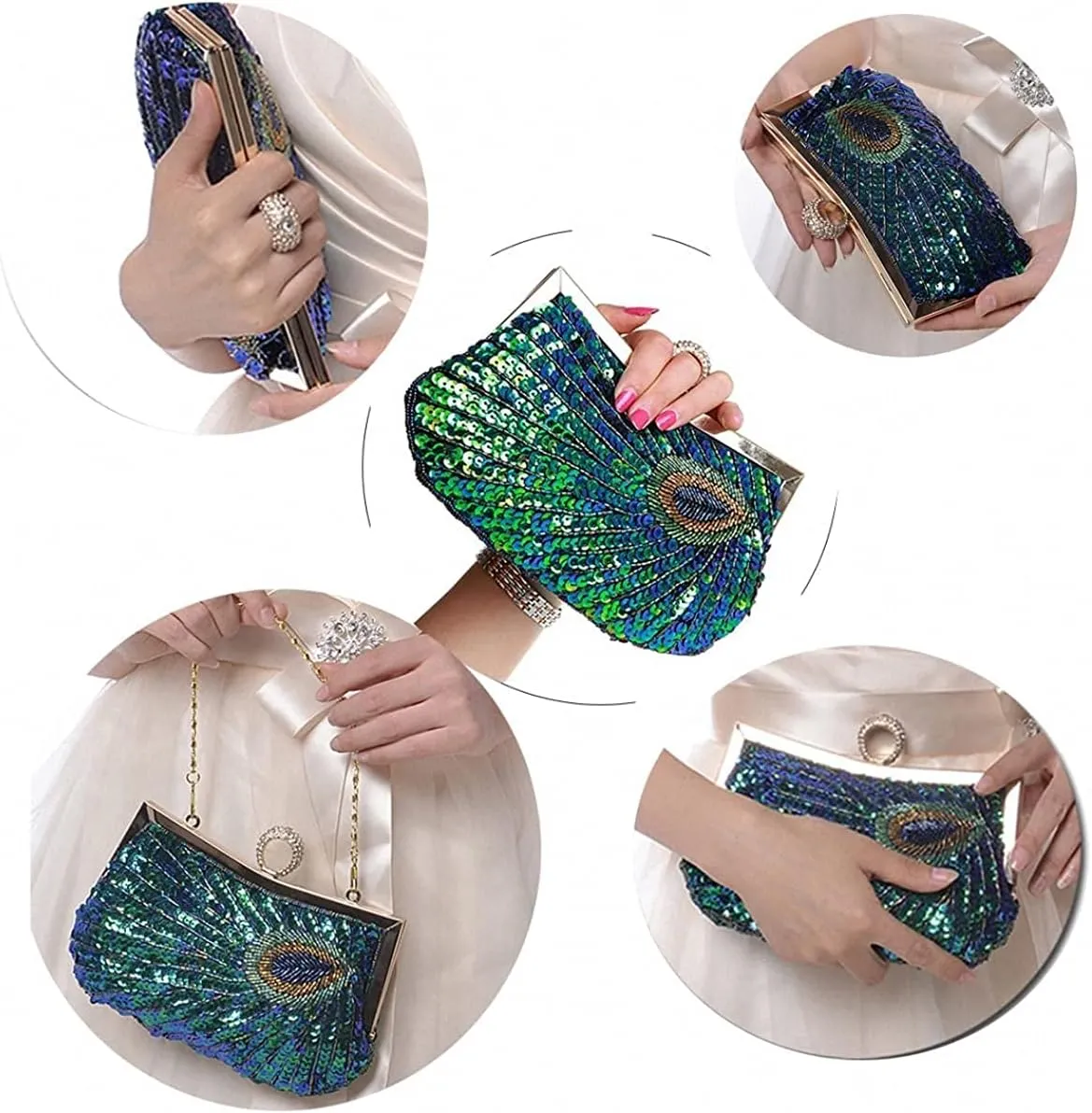 LIFEWISH Women's Unique Luxury Sequins Beaded Evening Bag Wedding Bridal Party Prom Clutch Purse tote HandbagPeacock blue