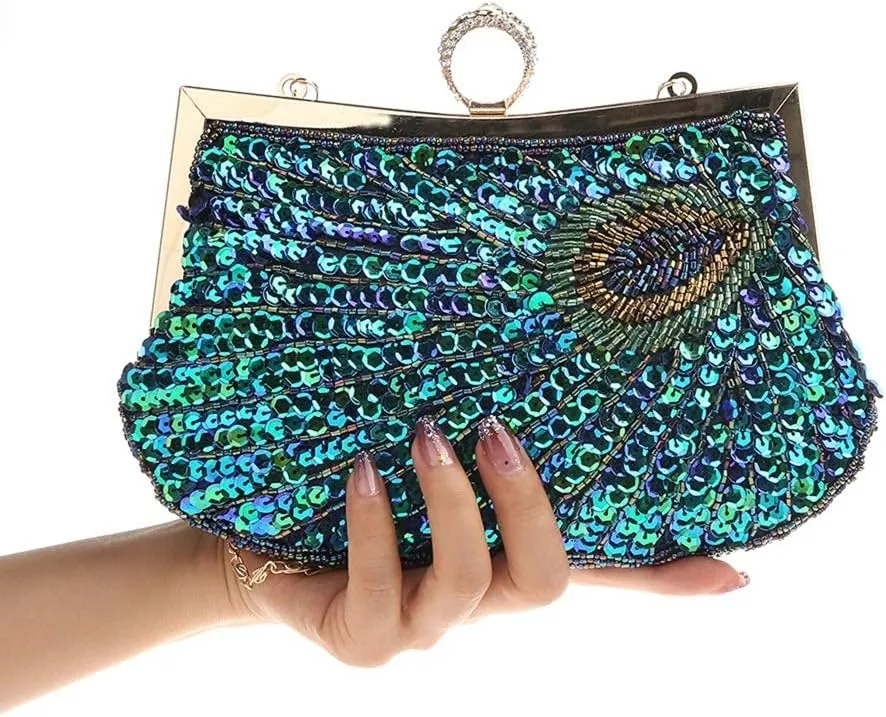 LIFEWISH Women's Unique Luxury Sequins Beaded Evening Bag Wedding Bridal Party Prom Clutch Purse tote HandbagPeacock blue
