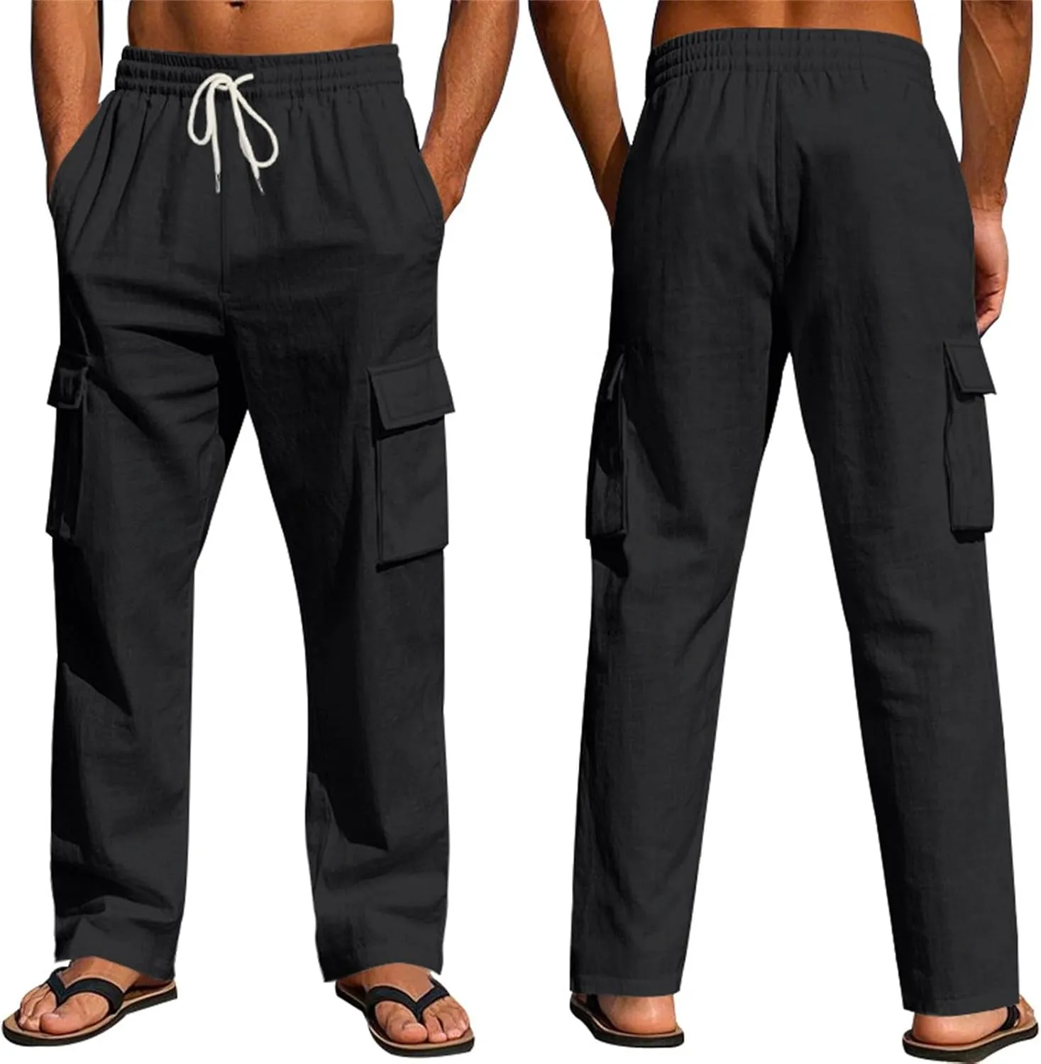 Linen Pants for Men Elastic Waist Drawstring Pants Beach Summer Pants Lightweight Linen Trouser with Pockets