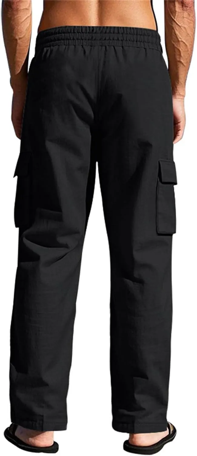 Linen Pants for Men Elastic Waist Drawstring Pants Beach Summer Pants Lightweight Linen Trouser with Pockets