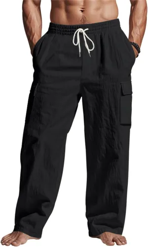 Linen Pants for Men Elastic Waist Drawstring Pants Beach Summer Pants Lightweight Linen Trouser with Pockets