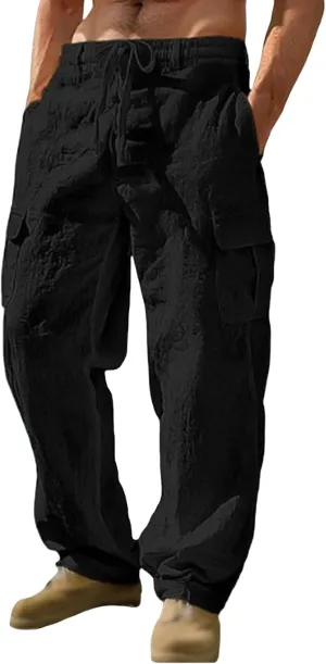 Linen Pants for Men Summer Wide Leg Yoga Trousers Drawstring Stretch Beach Pants Lightweight Baggy Travel Trousers