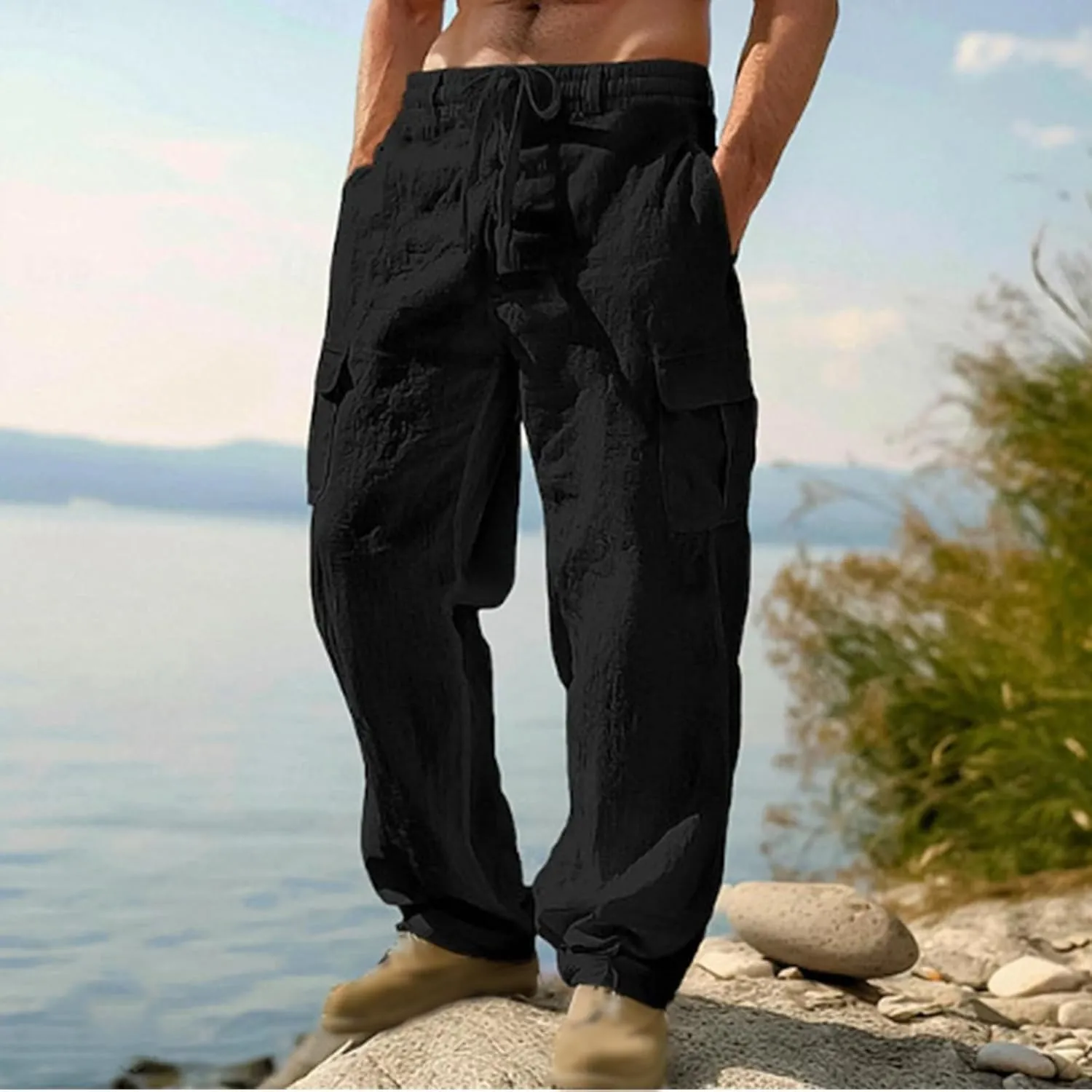 Linen Pants for Men Summer Wide Leg Yoga Trousers Drawstring Stretch Beach Pants Lightweight Baggy Travel Trousers