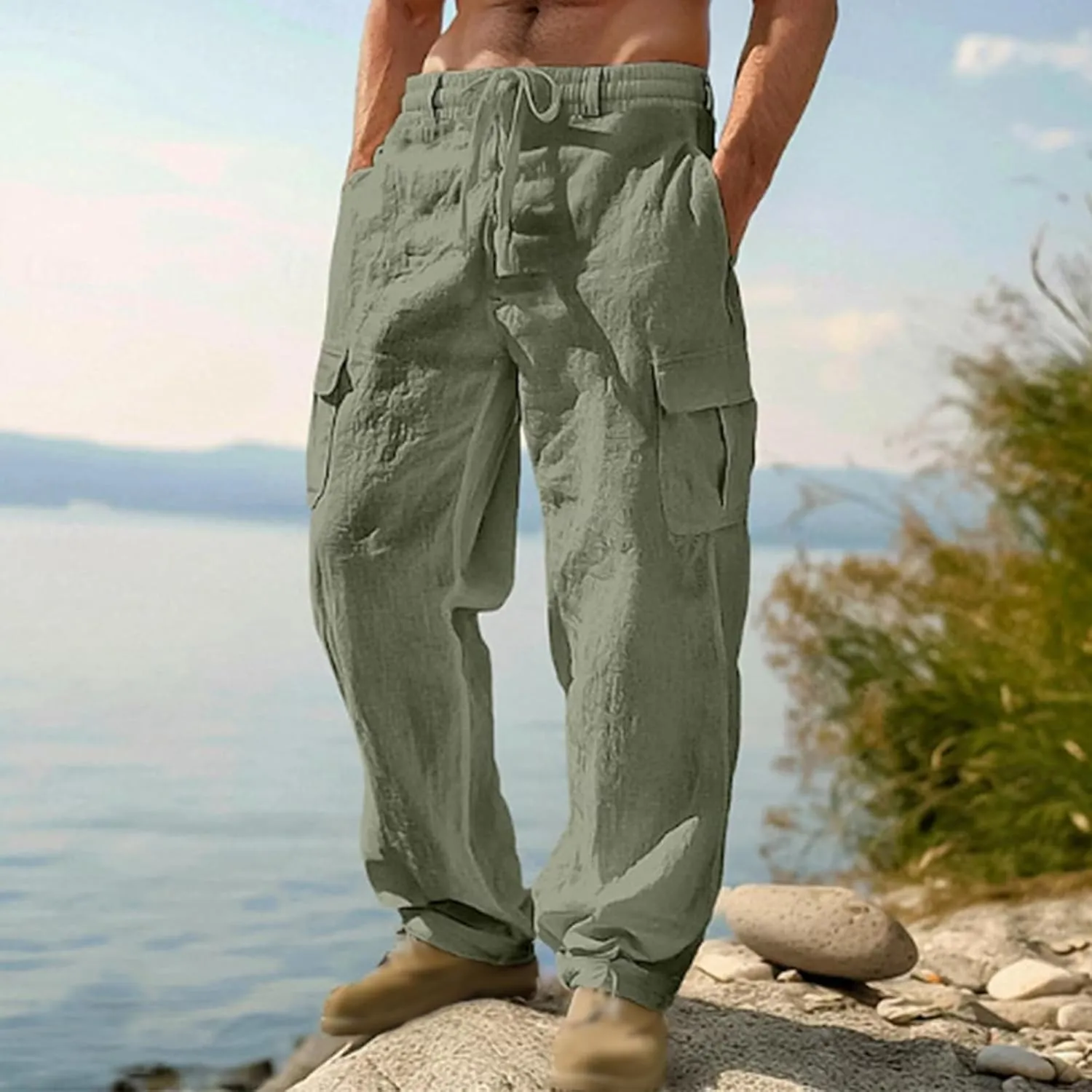 Linen Pants for Men Summer Wide Leg Yoga Trousers Drawstring Stretch Beach Pants Lightweight Baggy Travel Trousers