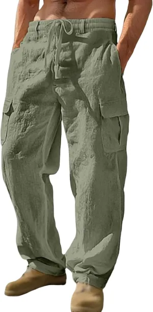 Linen Pants for Men Summer Wide Leg Yoga Trousers Drawstring Stretch Beach Pants Lightweight Baggy Travel Trousers