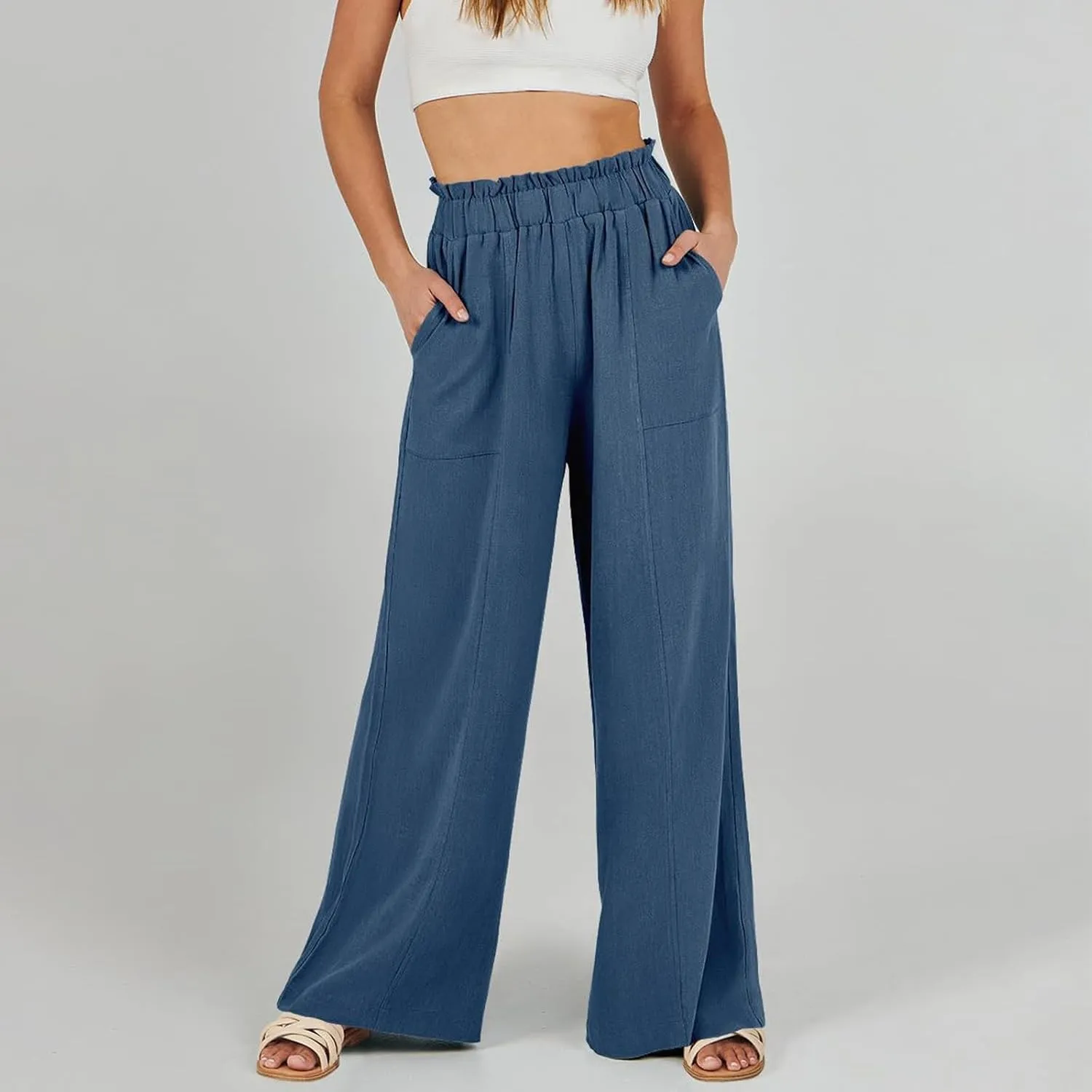 Linen Pants for Women Trendy Casual Trousers with Pockets Ruffle High Waist Wide Leg Beach Palazzo Pants Slacks