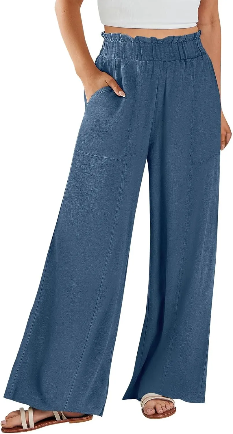 Linen Pants for Women Trendy Casual Trousers with Pockets Ruffle High Waist Wide Leg Beach Palazzo Pants Slacks