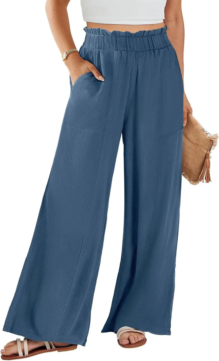 Linen Pants for Women Trendy Casual Trousers with Pockets Ruffle High Waist Wide Leg Beach Palazzo Pants Slacks