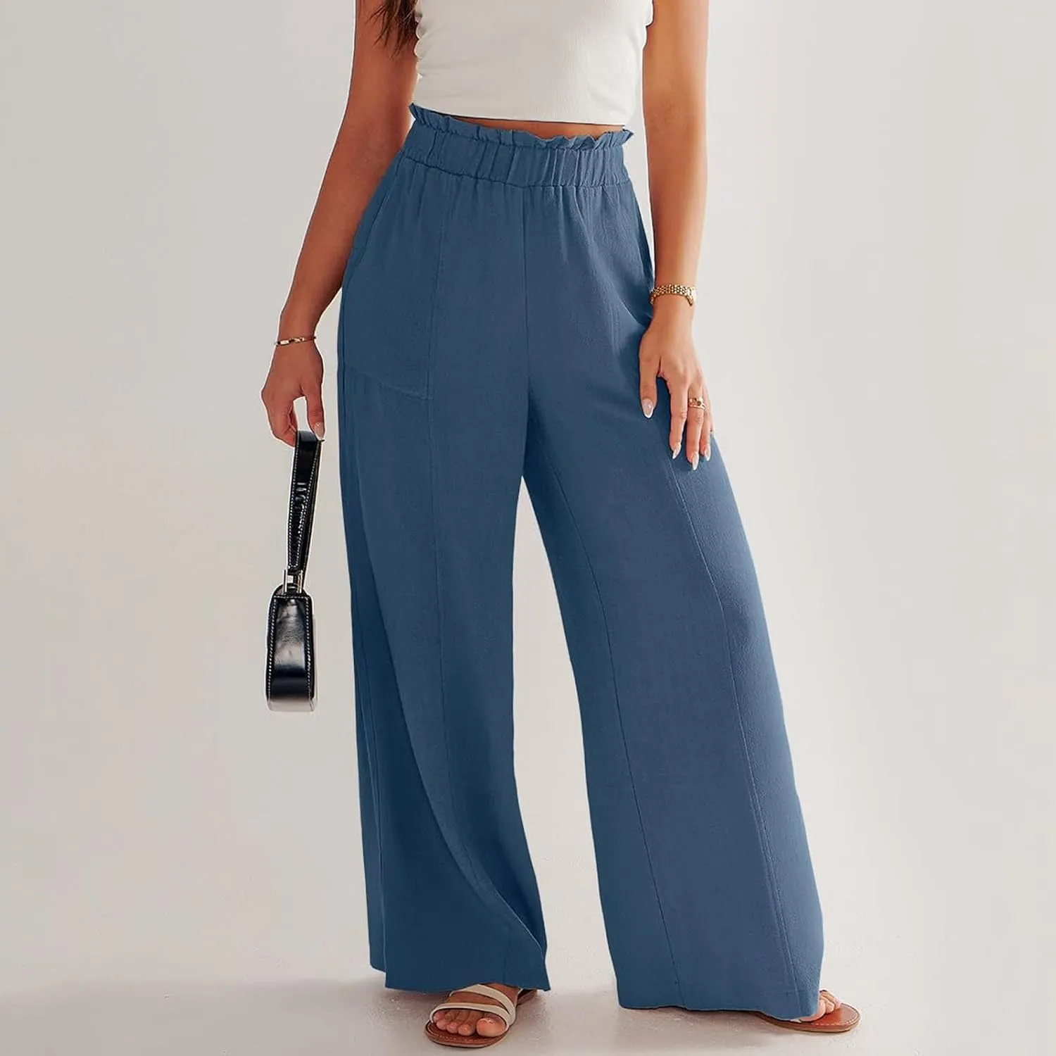 Linen Pants for Women Trendy Casual Trousers with Pockets Ruffle High Waist Wide Leg Beach Palazzo Pants Slacks