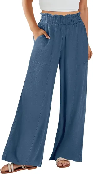 Linen Pants for Women Trendy Casual Trousers with Pockets Ruffle High Waist Wide Leg Beach Palazzo Pants Slacks