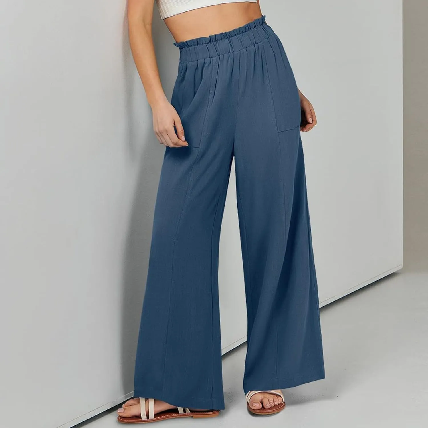 Linen Pants for Women Trendy Casual Trousers with Pockets Ruffle High Waist Wide Leg Beach Palazzo Pants Slacks