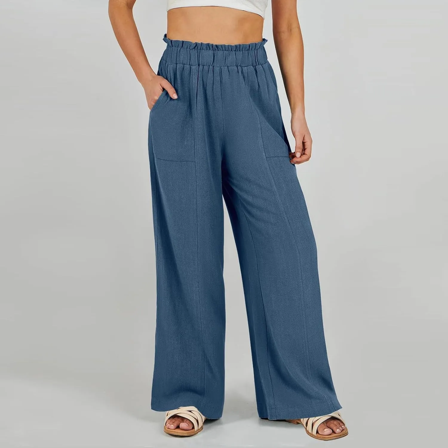 Linen Pants for Women Trendy Casual Trousers with Pockets Ruffle High Waist Wide Leg Beach Palazzo Pants Slacks