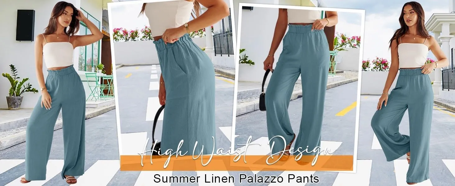 Linen Pants for Women Trendy Casual Trousers with Pockets Ruffle High Waist Wide Leg Beach Palazzo Pants Slacks