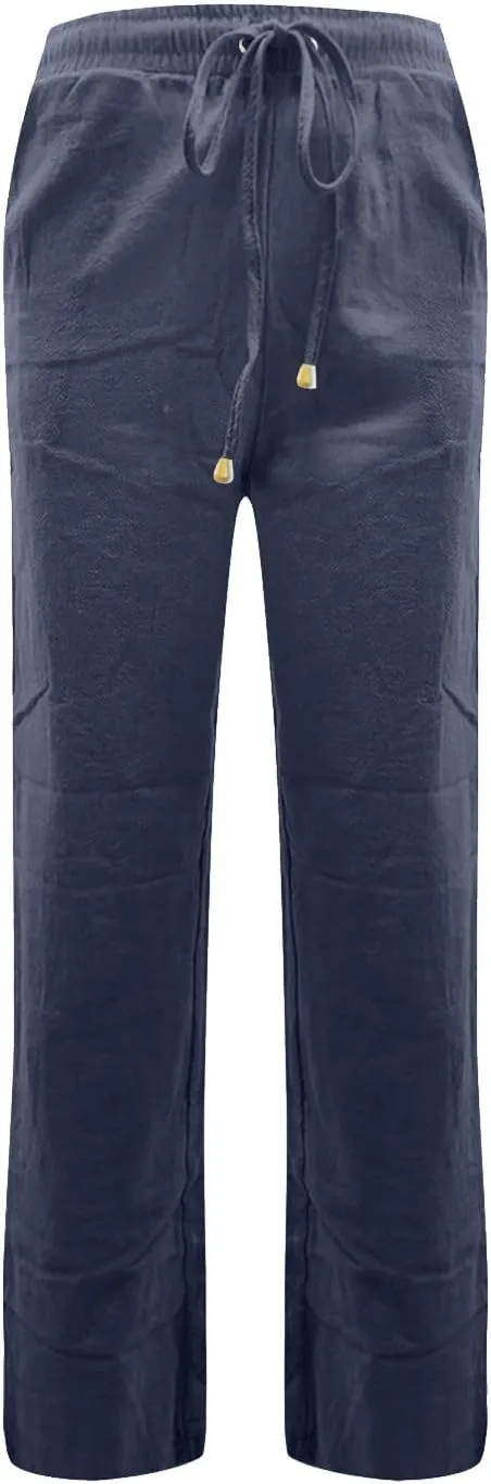 Linen Pants Women Lightweight Drawstring High Waisted Pull On Pants with Pockets Summer Boho Straight Leg Work Pants