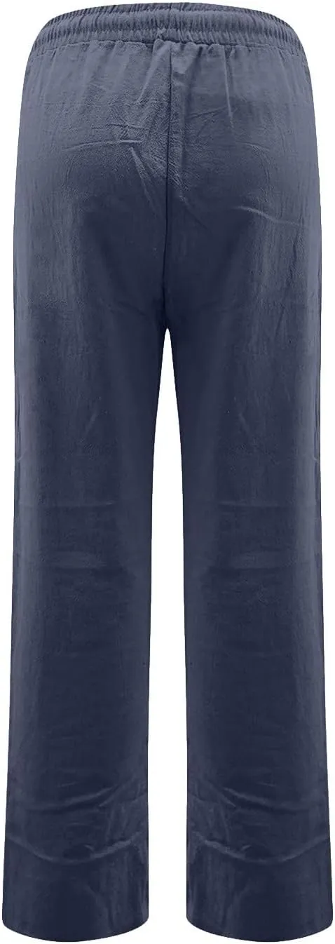 Linen Pants Women Lightweight Drawstring High Waisted Pull On Pants with Pockets Summer Boho Straight Leg Work Pants