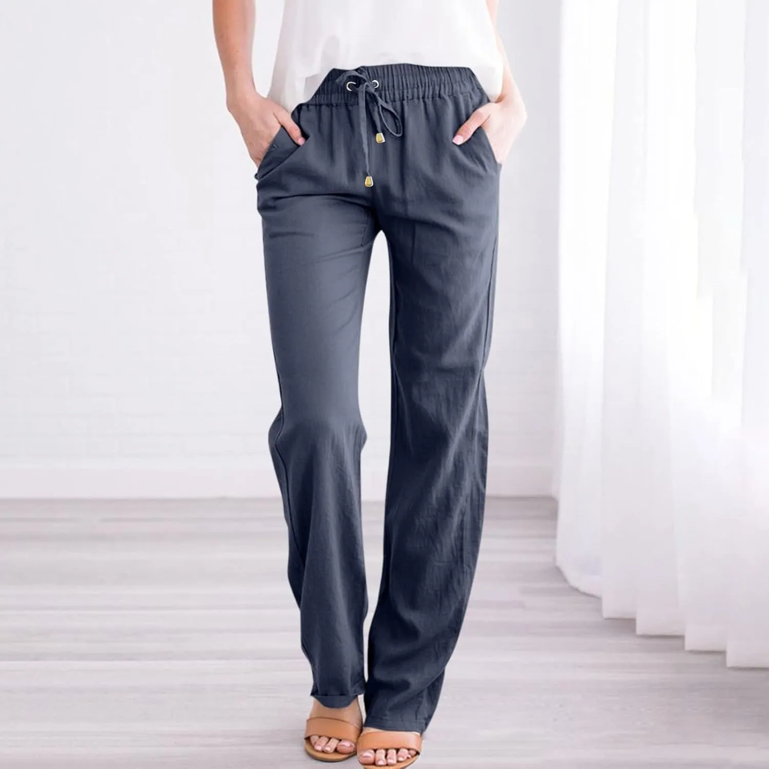 Linen Pants Women Lightweight Drawstring High Waisted Pull On Pants with Pockets Summer Boho Straight Leg Work Pants