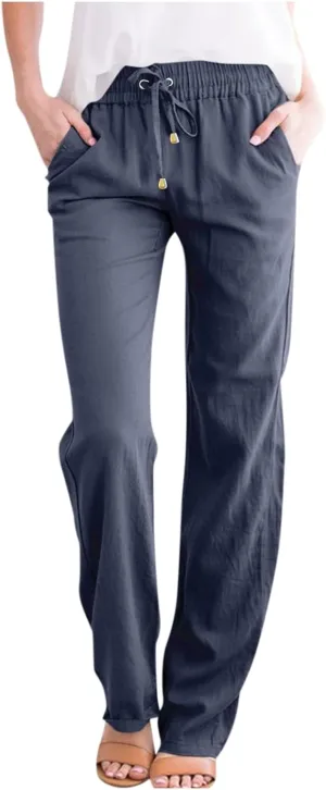 Linen Pants Women Lightweight Drawstring High Waisted Pull On Pants with Pockets Summer Boho Straight Leg Work Pants