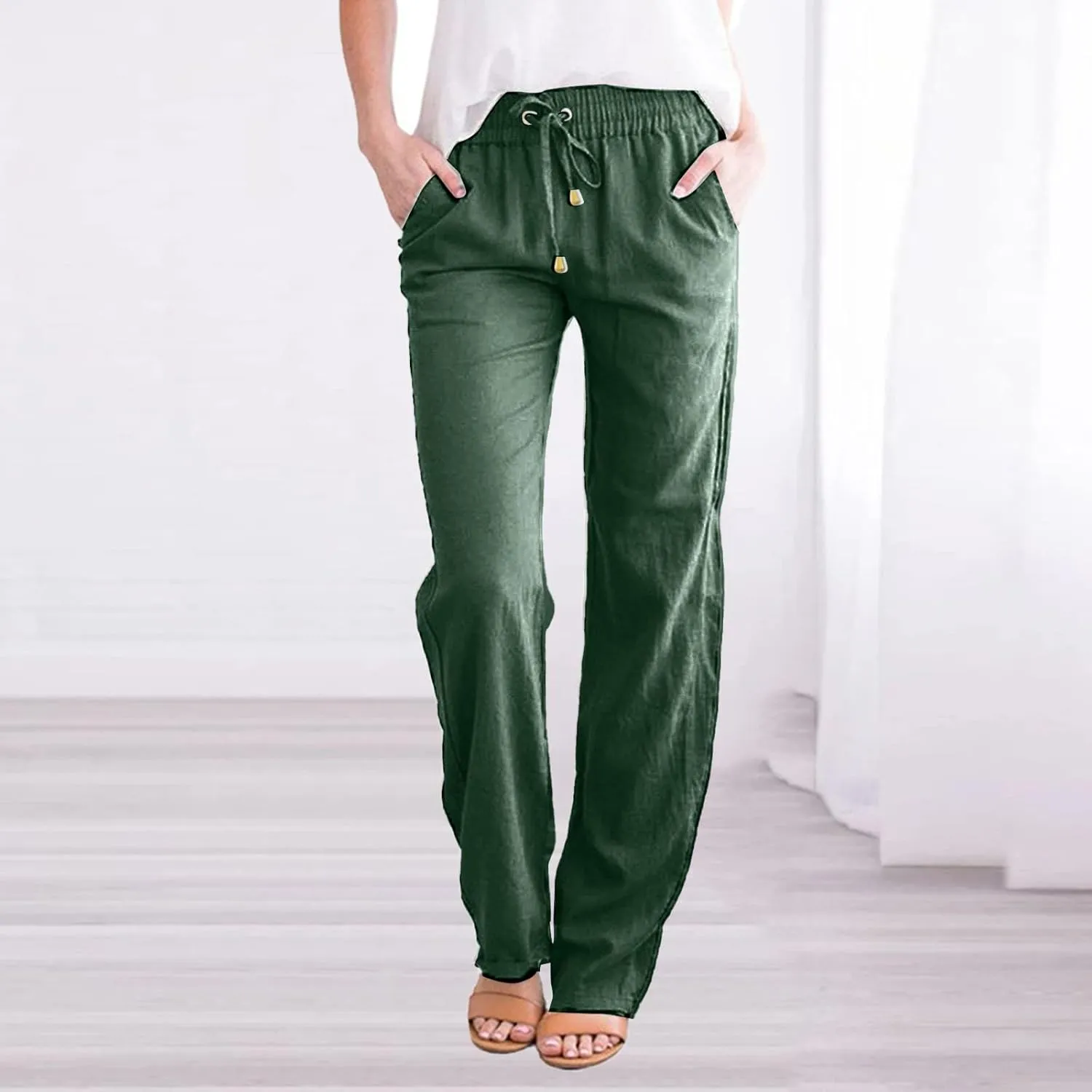 Linen Pants Women Summer,2025 Wide Leg Casual Cotton Linen Pants High Waisted Drawstring Lounge Pants Beach Trousers