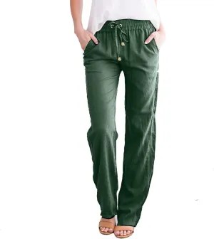 Linen Pants Women Summer,2025 Wide Leg Casual Cotton Linen Pants High Waisted Drawstring Lounge Pants Beach Trousers