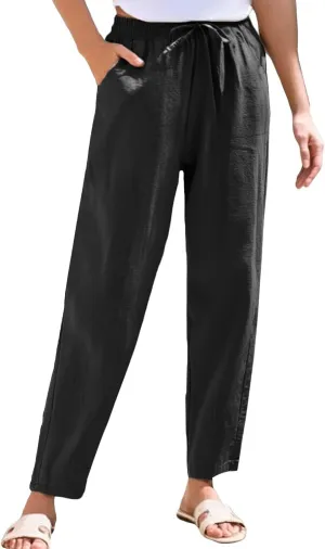 Linen Pants Women Wide Leg Palazzo Pants Lounge Pants with Pockets High Elastic Waisted Drawstring