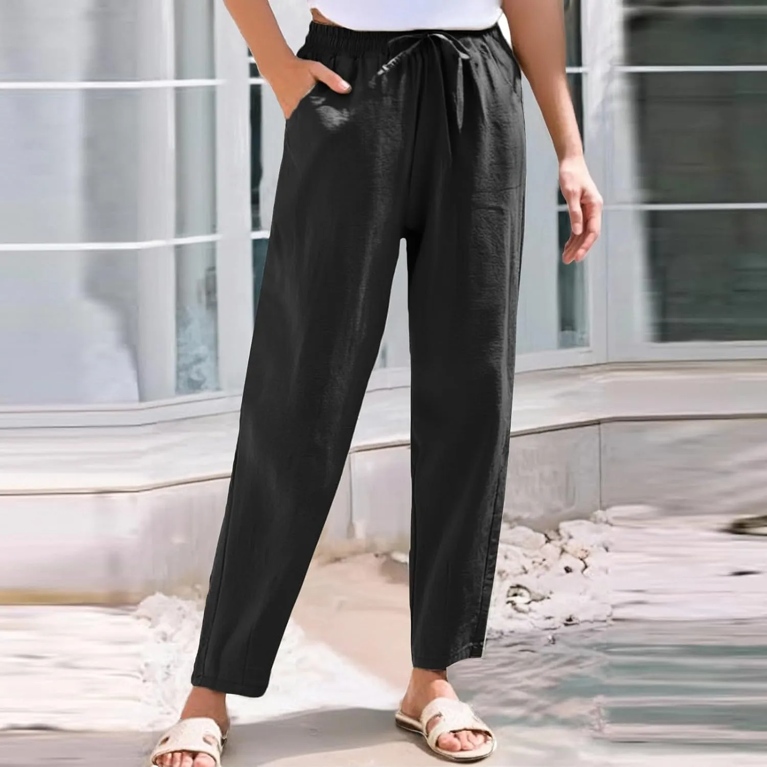 Linen Pants Women Wide Leg Palazzo Pants Lounge Pants with Pockets High Elastic Waisted Drawstring