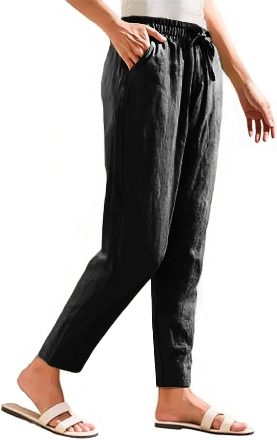 Linen Pants Women Wide Leg Palazzo Pants Lounge Pants with Pockets High Elastic Waisted Drawstring