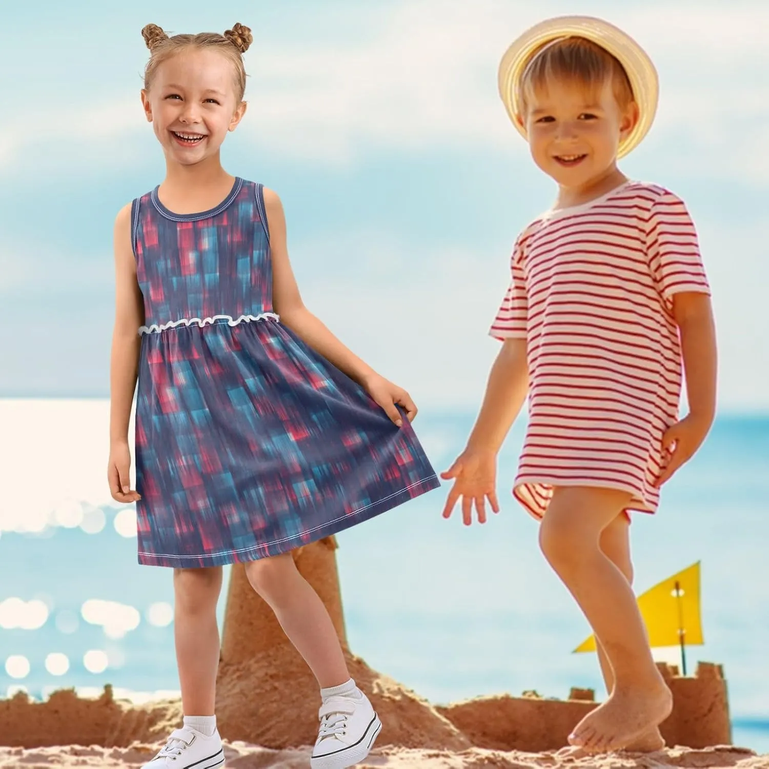 Little Girls Dress Sleeveless Casual Twirl Dresses Print Sundress for 2-8 Years