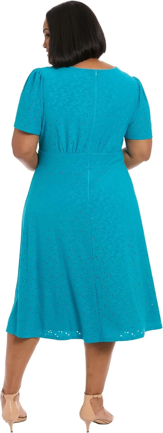London Times Women's Eyelet Midi A-line Puff Sleeves-Gathered Waist Empire Cut-Wedding Guest Dress