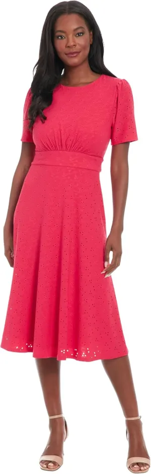 London Times Women's Eyelet Midi A-line Puff Sleeves-Gathered Waist Empire Cut-Wedding Guest Dress