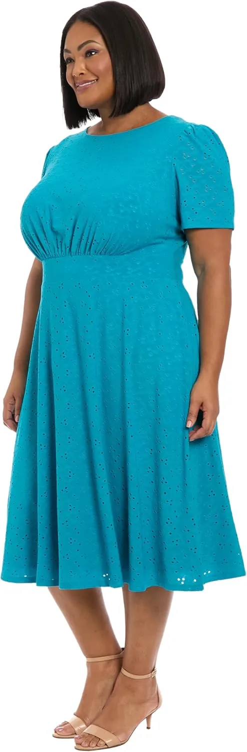 London Times Women's Eyelet Midi A-line Puff Sleeves-Gathered Waist Empire Cut-Wedding Guest Dress