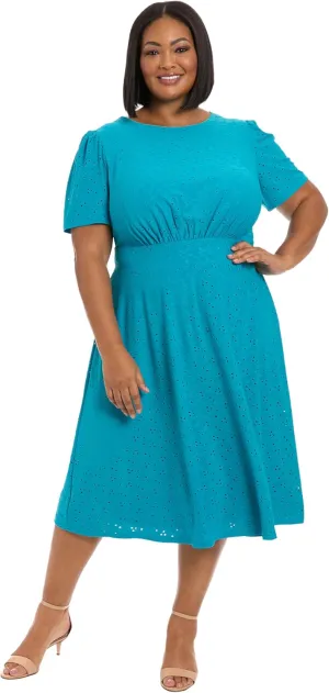 London Times Women's Eyelet Midi A-line Puff Sleeves-Gathered Waist Empire Cut-Wedding Guest Dress