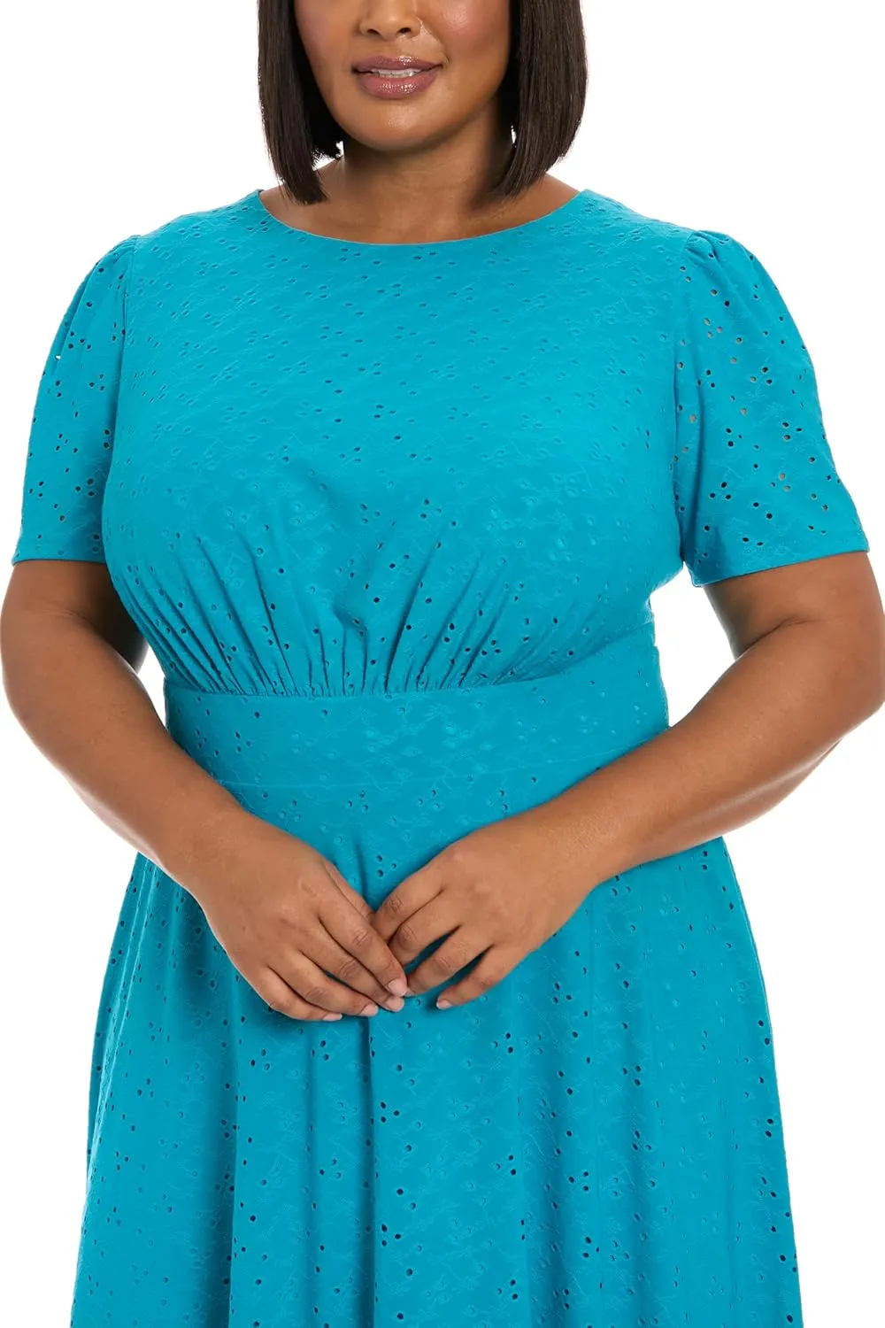 London Times Women's Eyelet Midi A-line Puff Sleeves-Gathered Waist Empire Cut-Wedding Guest Dress