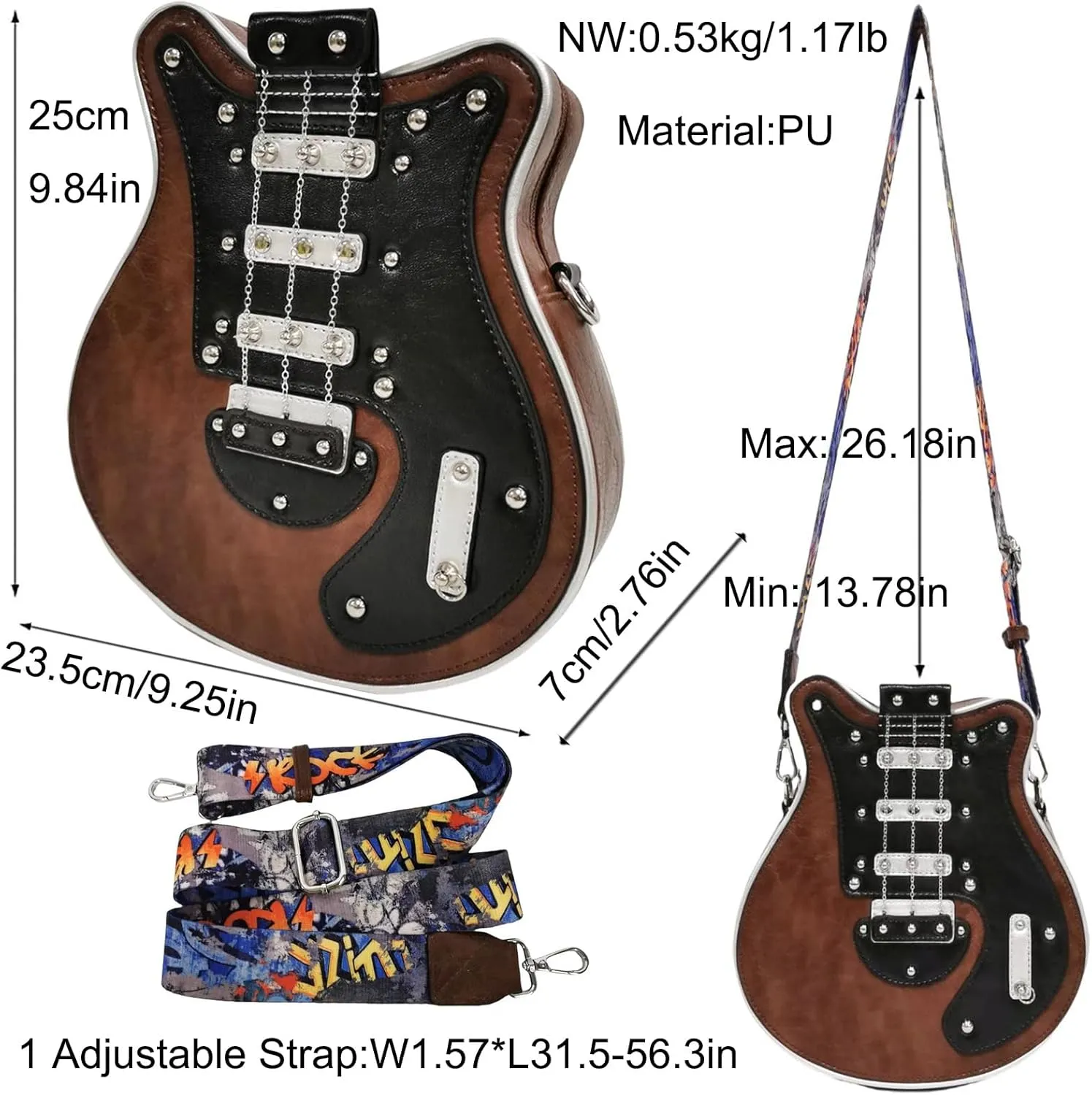 Men and Women Music Guitar Shaped Crossbody Shoulder Bag PU Leather Unique Novelty Guitar Purse