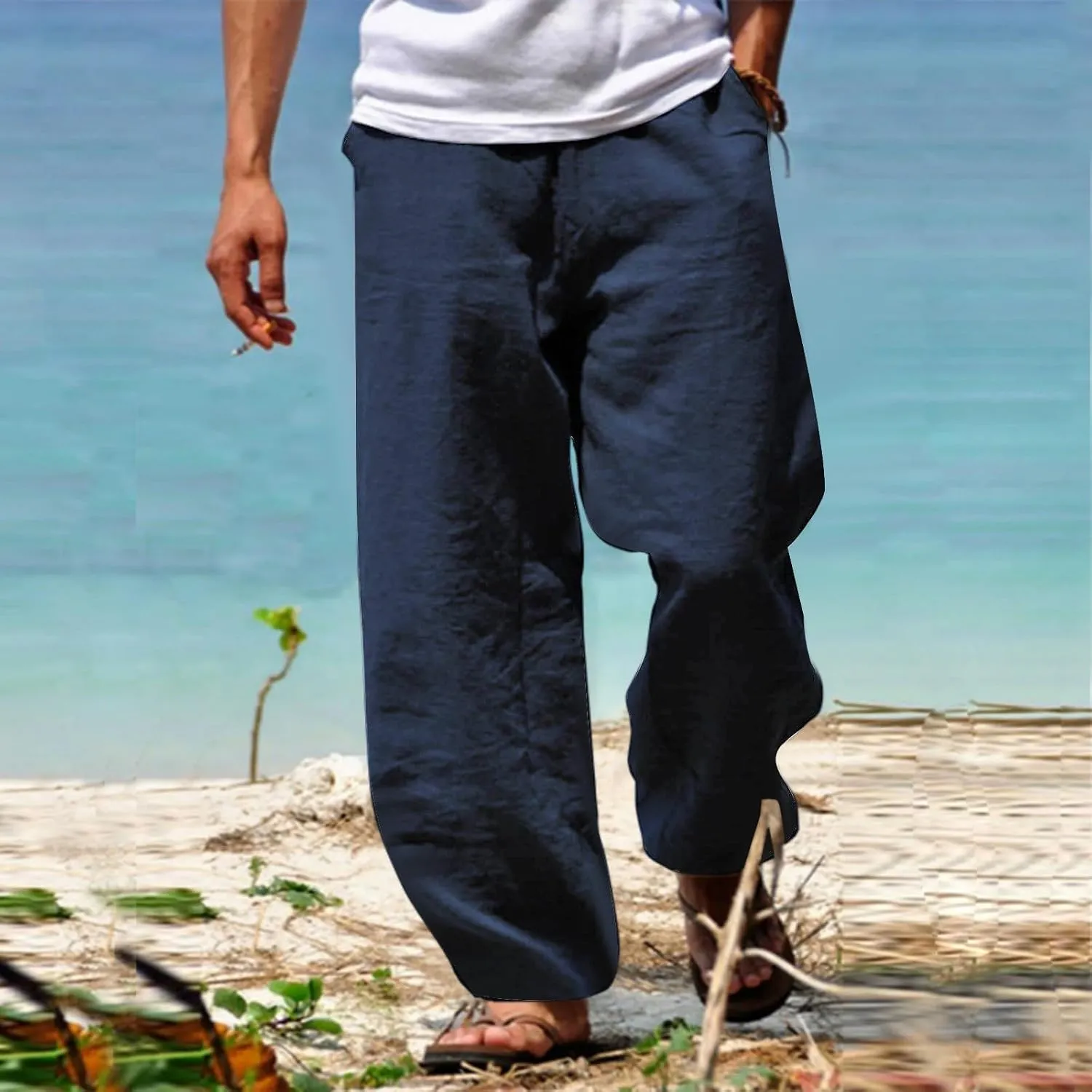 Mens Beach Pants Casual Lightweight Cotton Linen Pants Elastic Waist Wide Leg Trendy Fashion Loose Fit Trousers